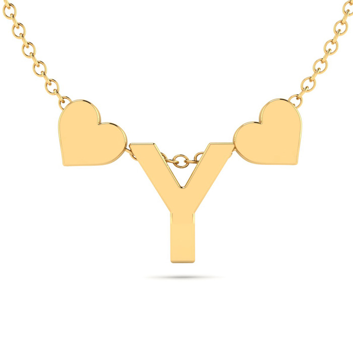 "Y" Dainty Block Initial Necklace w/ Hearts in Gold Overlay, All Letters Available, Free 17 Inch Cable Chain by SuperJeweler