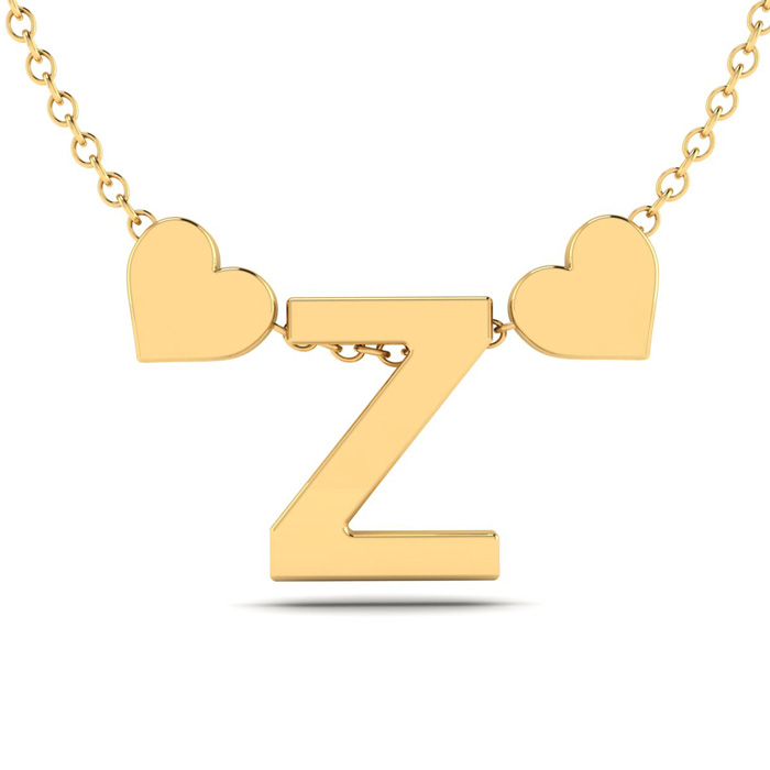 "Z" Dainty Block Initial Necklace w/ Hearts in Gold Overlay, All Letters Available, Free 17 Inch Cable Chain by SuperJeweler