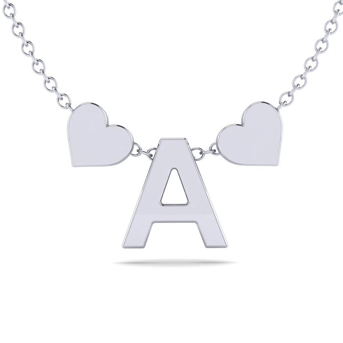 "A" Dainty Block Initial Necklace w/ Hearts in White Gold Overlay, All Letters Available, Free 17 Inch Cable Chain by SuperJeweler