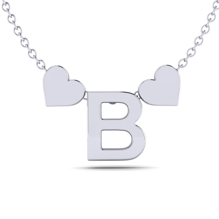 "B" Dainty Block Initial Necklace w/ Hearts in White Gold Overlay, All Letters Available, Free 17 Inch Cable Chain by SuperJeweler