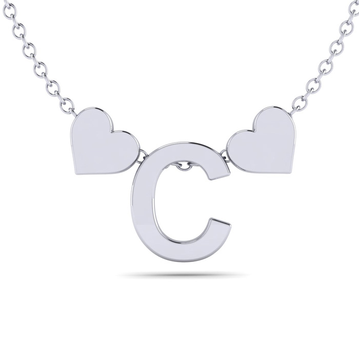 "C" Dainty Block Initial Necklace w/ Hearts in White Gold Overlay, All Letters Available, Free 17 Inch Cable Chain by SuperJeweler