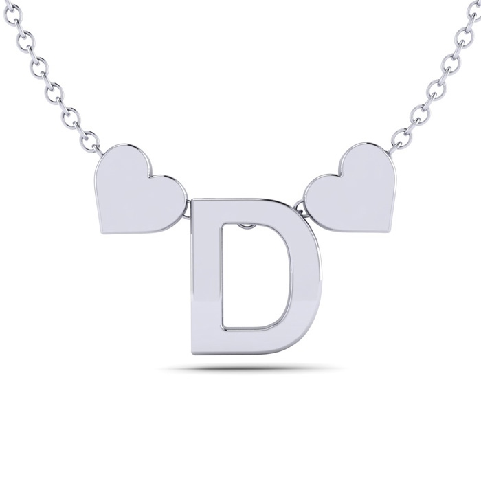 "D" Dainty Block Initial Necklace w/ Hearts in White Gold Overlay, All Letters Available, Free 17 Inch Cable Chain by SuperJeweler