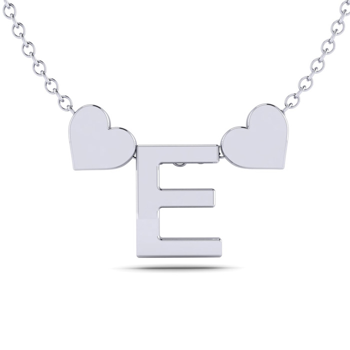 "E" Dainty Block Initial Necklace w/ Hearts in White Gold Overlay, All Letters Available, Free 17 Inch Cable Chain by SuperJeweler