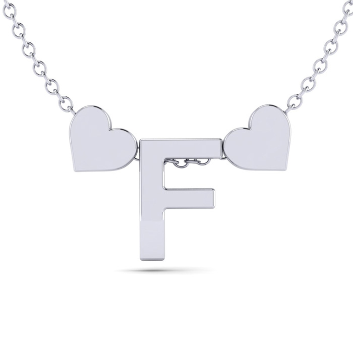 "F" Dainty Block Initial Necklace w/ Hearts in White Gold Overlay, All Letters Available, Free 17 Inch Cable Chain by SuperJeweler