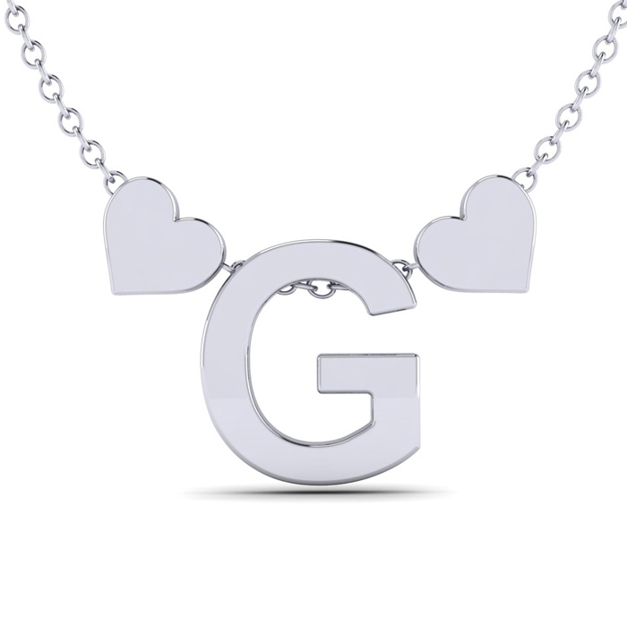 "G" Dainty Block Initial Necklace w/ Hearts in White Gold Overlay, All Letters Available, Free 17 Inch Cable Chain by SuperJeweler