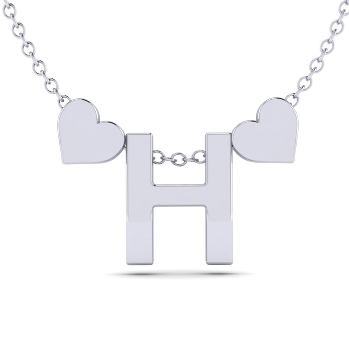 "H" Dainty Block Initial Necklace w/ Hearts in White Gold Overlay, All Letters Available, Free 17 Inch Cable Chain by SuperJeweler