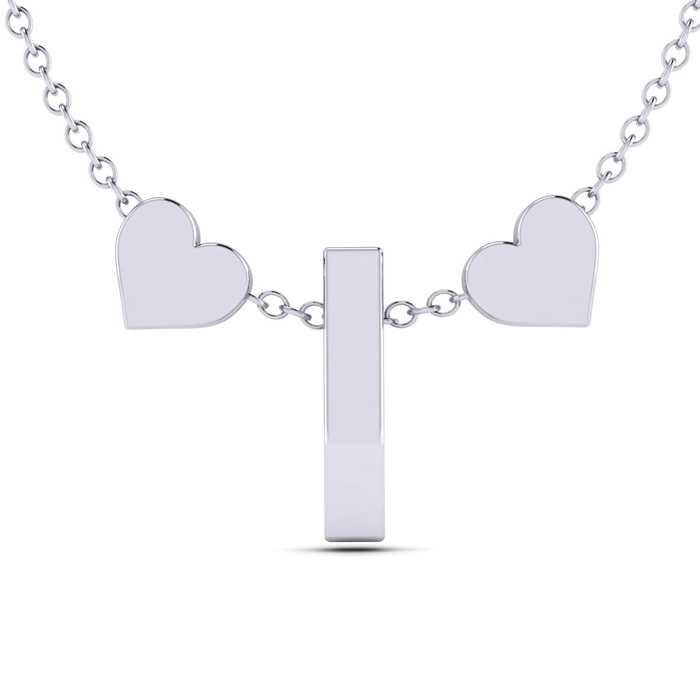 "I" Dainty Block Initial Necklace w/ Hearts in White Gold Overlay, All Letters Available, Free 17 Inch Cable Chain by SuperJeweler