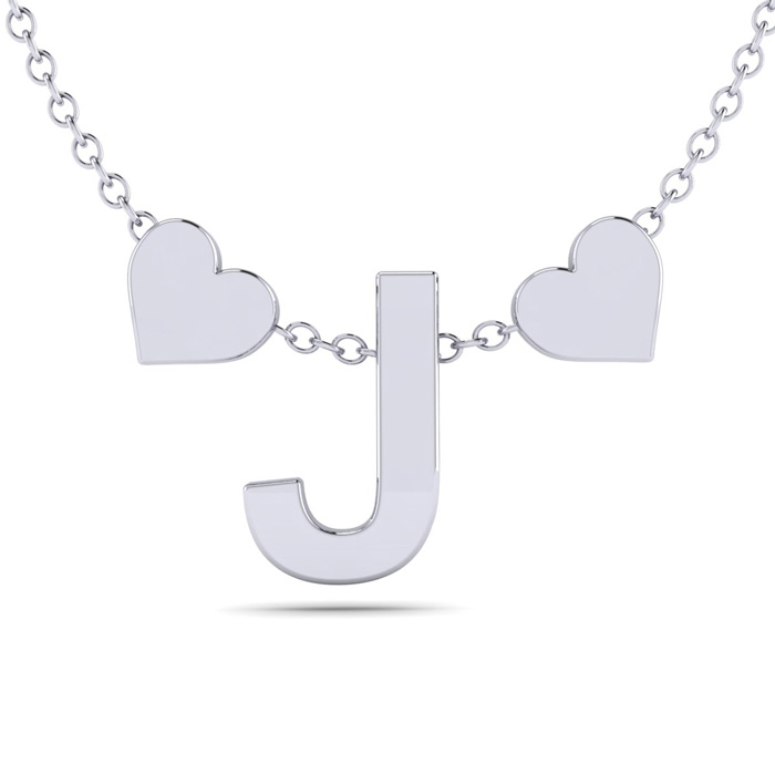 "J" Dainty Block Initial Necklace w/ Hearts in White Gold Overlay, All Letters Available, Free 17 Inch Cable Chain by SuperJeweler