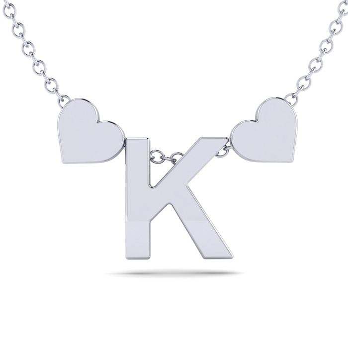 "K" Dainty Block Initial Necklace w/ Hearts in White Gold Overlay, All Letters Available, Free 17 Inch Cable Chain by SuperJeweler