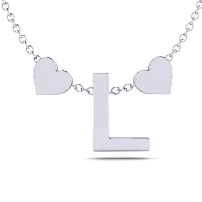 "L" Dainty Block Initial Necklace w/ Hearts in White Gold Overlay, All Letters Available, Free 17 Inch Cable Chain by SuperJeweler