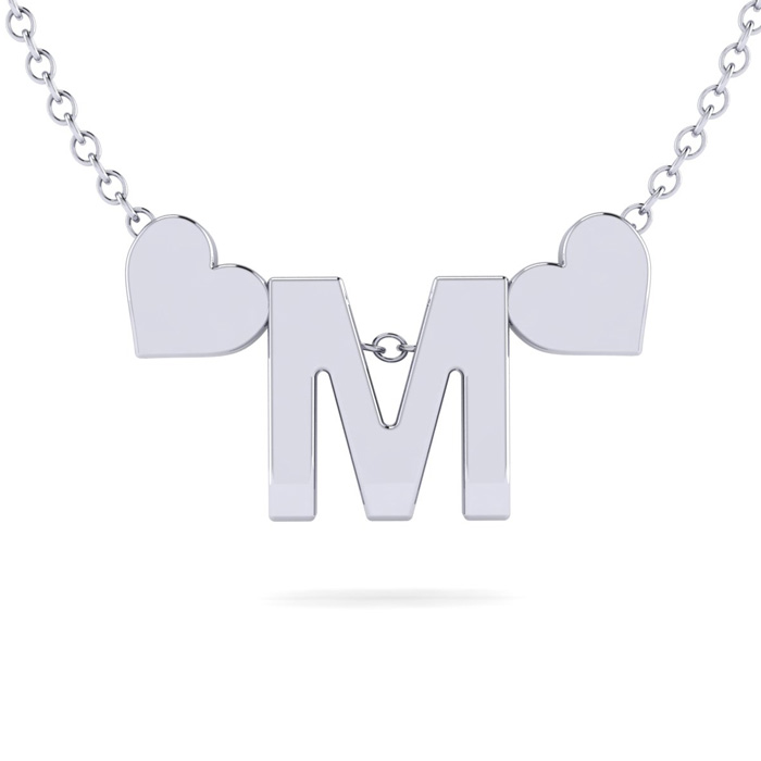 "M" Dainty Block Initial Necklace w/ Hearts in White Gold Overlay, All Letters Available, Free 17 Inch Cable Chain by SuperJeweler