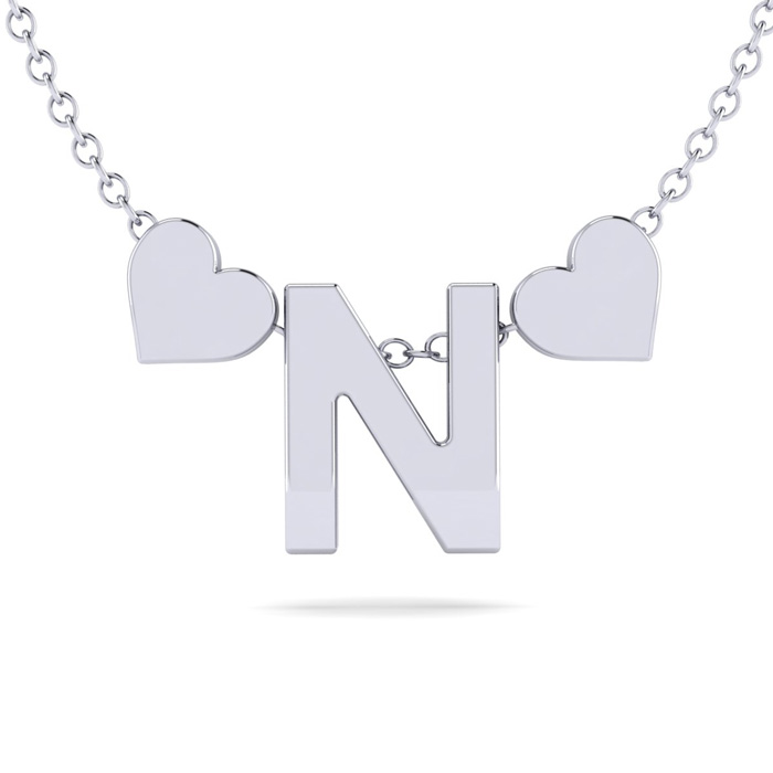 "N" Dainty Block Initial Necklace w/ Hearts in White Gold Overlay, All Letters Available, Free 17 Inch Cable Chain by SuperJeweler