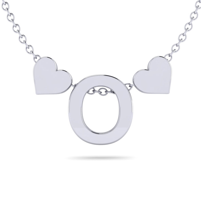 "O" Dainty Block Initial Necklace w/ Hearts in White Gold Overlay, All Letters Available, Free 17 Inch Cable Chain by SuperJeweler