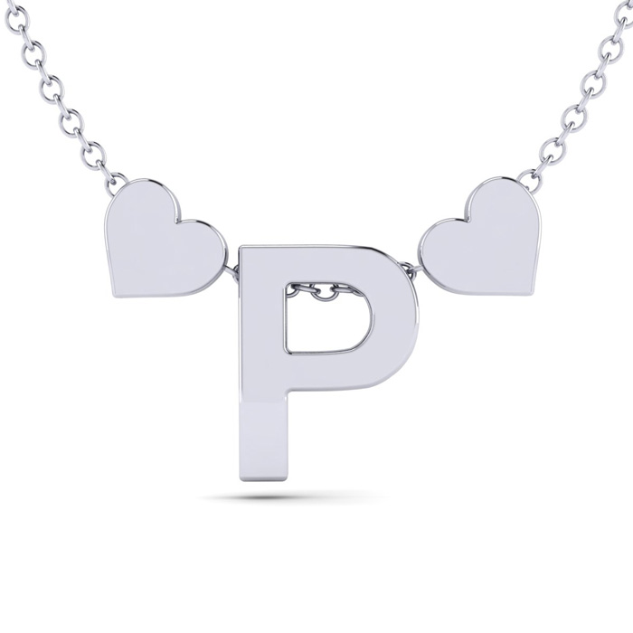 "P" Dainty Block Initial Necklace w/ Hearts in White Gold Overlay, All Letters Available, Free 17 Inch Cable Chain by SuperJeweler