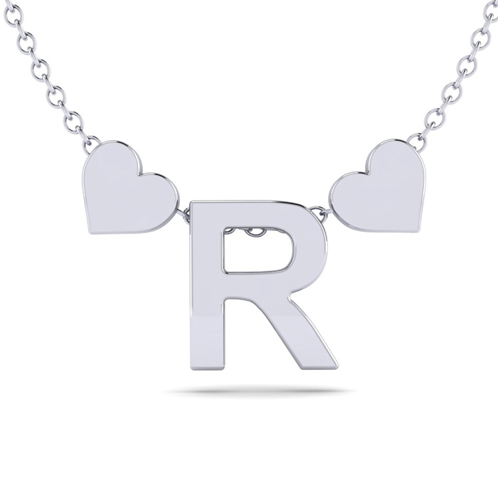 "R" Dainty Block Initial Necklace w/ Hearts in White Gold Overlay, All Letters Available, Free 17 Inch Cable Chain by SuperJeweler