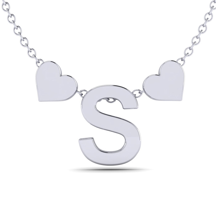 "S" Dainty Block Initial Necklace w/ Hearts in White Gold Overlay, All Letters Available, Free 17 Inch Cable Chain by SuperJeweler