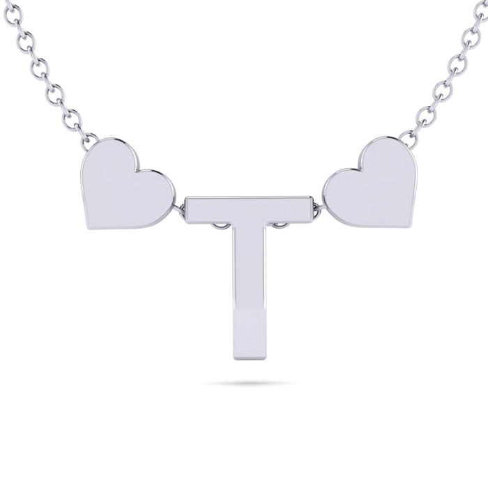 "T" Dainty Block Initial Necklace w/ Hearts in White Gold Overlay, All Letters Available, Free 17 Inch Cable Chain by SuperJeweler