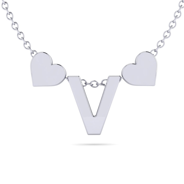 "V" Dainty Block Initial Necklace w/ Hearts in White Gold Overlay, All Letters Available, Free 17 Inch Cable Chain by SuperJeweler