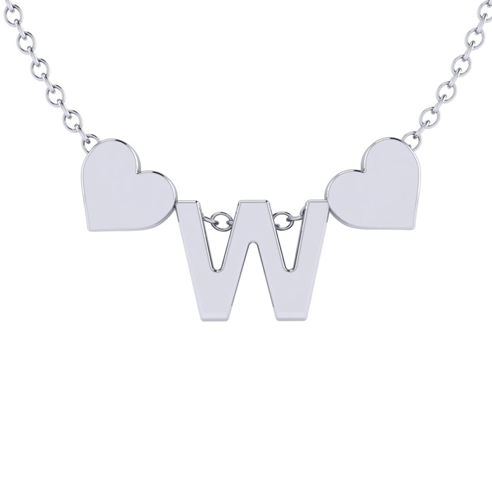 "W" Dainty Block Initial Necklace w/ Hearts in White Gold Overlay, All Letters Available, Free 17 Inch Cable Chain by SuperJeweler
