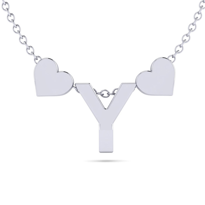 "Y" Dainty Block Initial Necklace w/ Hearts in White Gold Overlay, All Letters Available, Free 17 Inch Cable Chain by SuperJeweler