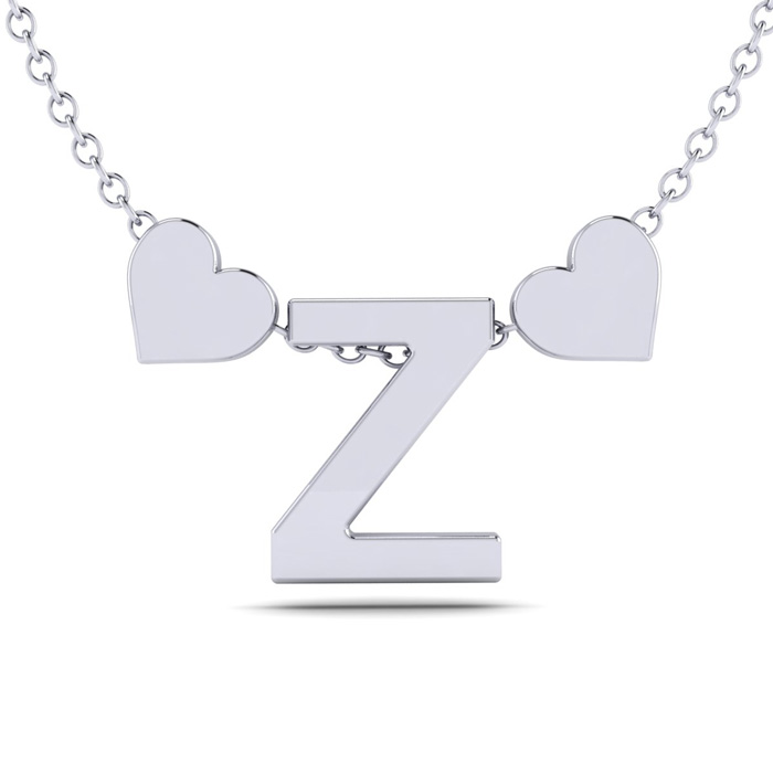"Z" Dainty Block Initial Necklace w/ Hearts in White Gold Overlay, All Letters Available, Free 17 Inch Cable Chain by SuperJeweler