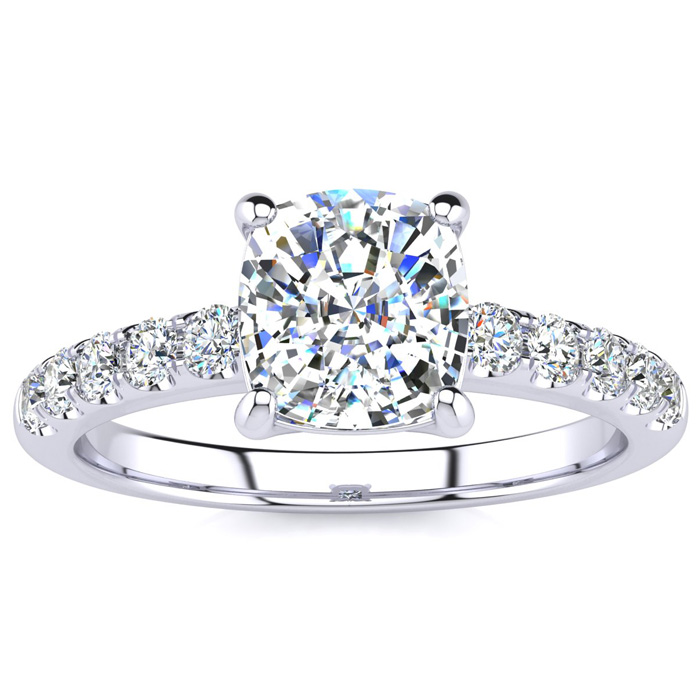 1.80 Carat Traditional Diamond Engagement Ring w/ 1.5 Carat Center Cushion Cut Solitaire in White Gold (4.5 g),  by SuperJeweler