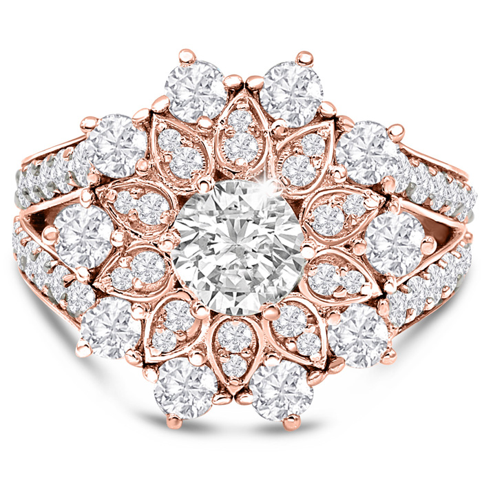 14K Rose Gold (7.40 g) 3 Carat Diamond Flower Ring  w/ 3/4 Carat 