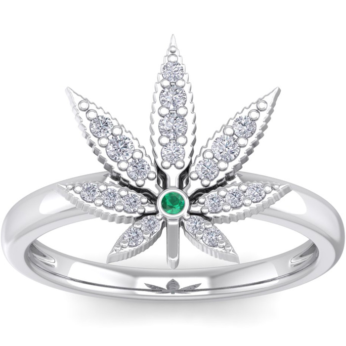 1/5 Carat Diamond & Emerald Cut Weed Leaf Ring in 14K White Gold (3.75 g), , Size 4 by SuperJeweler