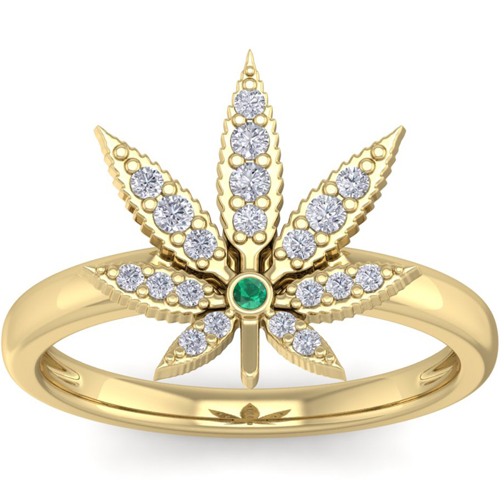 1/5 Carat Diamond & Emerald Cut Weed Leaf Ring in 14K Yellow Gold (3.75 g), , Size 4 by SuperJeweler