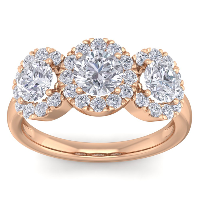 2 Carat Round Shape Halo Diamond Three Stone Ring in 14K Rose Gold (6.50 g), , Size 4 by SuperJeweler