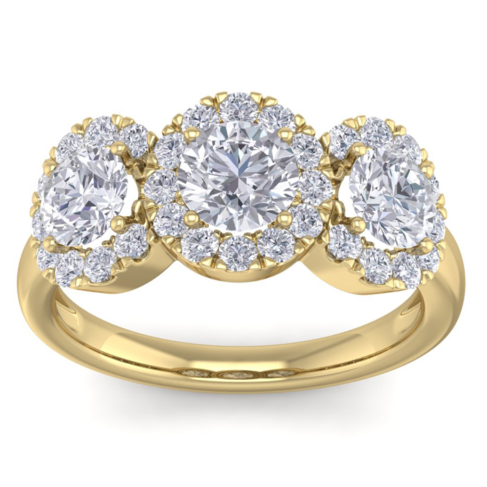 2 Carat Round Shape Halo Diamond Three Stone Ring in 14K Yellow Gold (6.50 g), , Size 4 by SuperJeweler