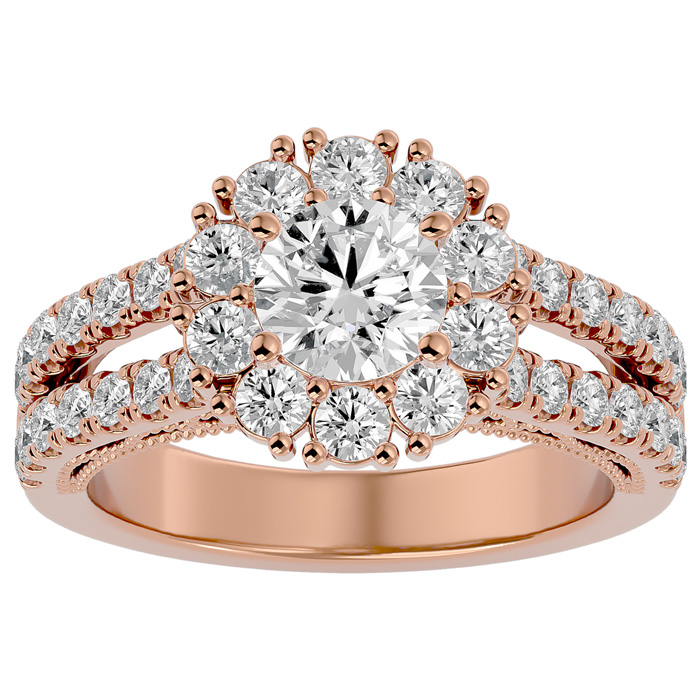 2 1/4 Carat Round Shape Halo Diamond Engagement Ring in 14K Rose Gold (6.70 g)