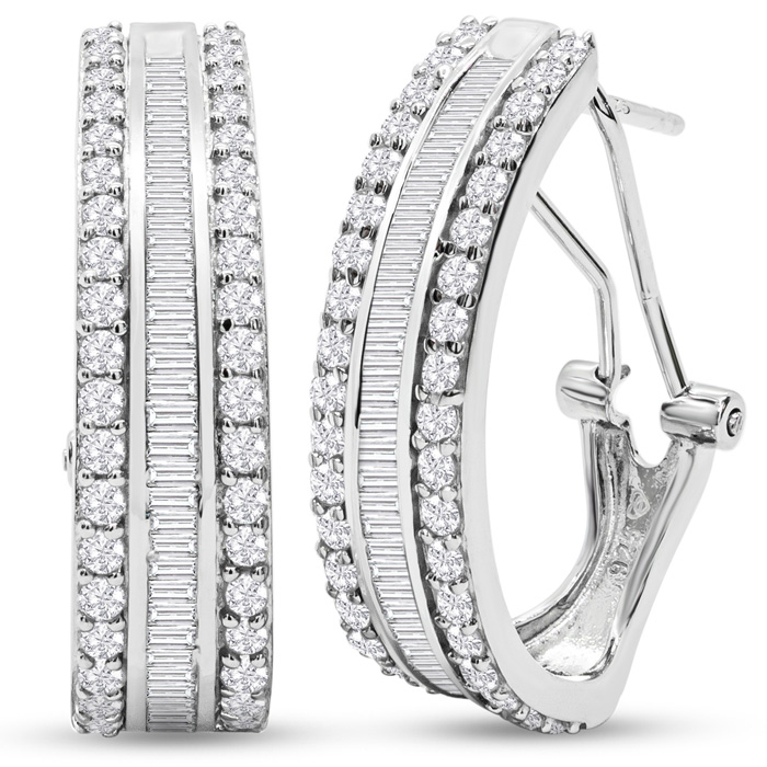 2 Carat Baguette & Round Colorless Diamond Hoop Earrings in Sterling Silver, F/G Color by SuperJeweler