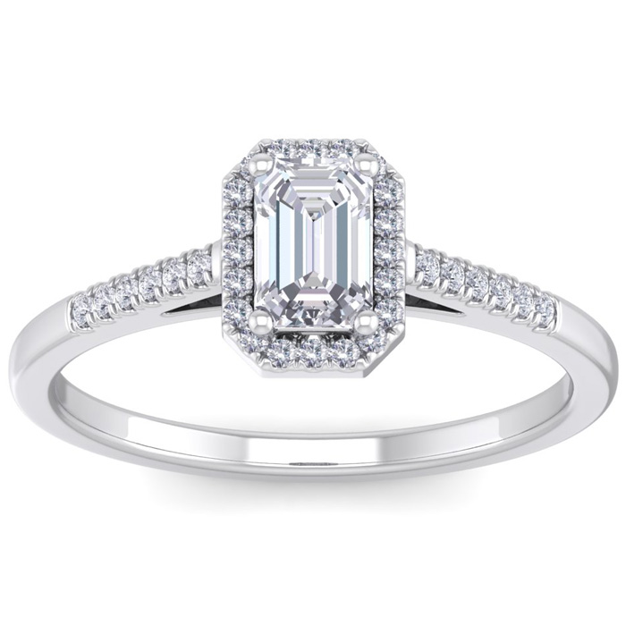 3/4 Carat Emerald Cut Halo Diamond Engagement Ring In 14K White Gold (2.70 G) (H-I, VS2-SI1) By SuperJeweler