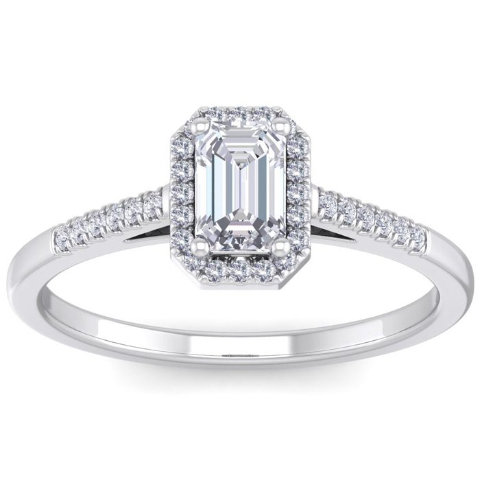 3/4 Carat Emerald Cut Halo Diamond Engagement Ring in 14K White Gold (2.70 g) (, VS2-SI1), Size 4 by SuperJeweler