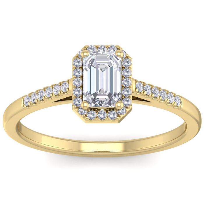 3/4 Carat Emerald Cut Halo Diamond Engagement Ring In 14K Yellow Gold (2.70 G) (H-I, VS2-SI1) By SuperJeweler