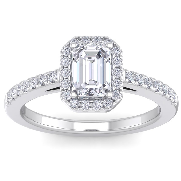 1.5 Carat Emerald Cut Halo Diamond Engagement Ring in 14K White G