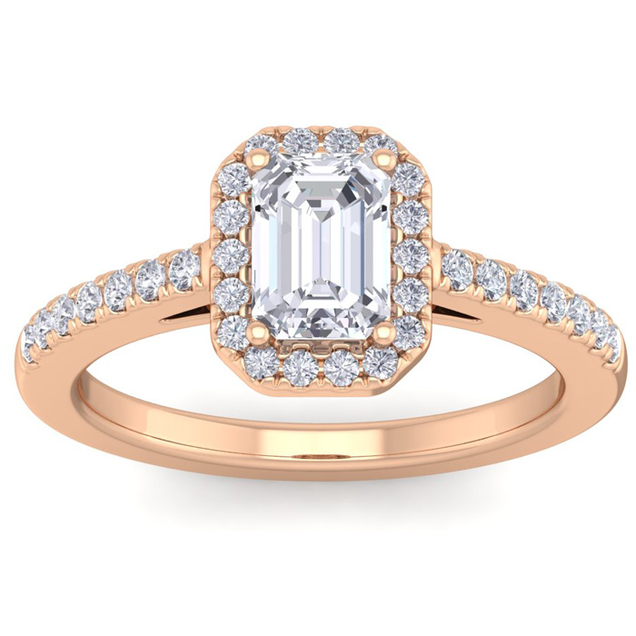 1.5 Carat Emerald Cut Halo Diamond Engagement Ring in 14K Rose Gold (4.20 g) (