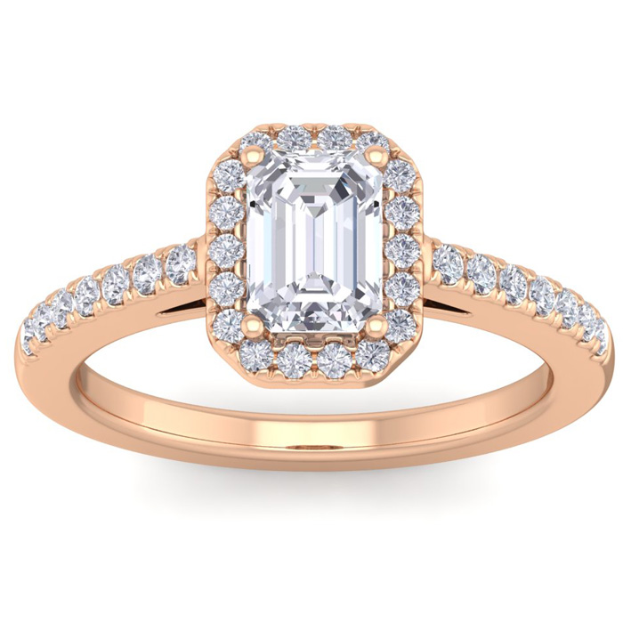 1.5 Carat Emerald Cut Halo Diamond Engagement Ring in 14K Rose Gold (4.20 g) (, SI2-I1 Clarity Enhanced), Size 4 by SuperJeweler