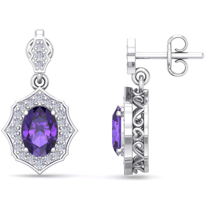 1 2/3 Carat Oval Shape Amethyst & Diamond Dangle Earrings in 14K White Gold (2.80 g),  by SuperJeweler