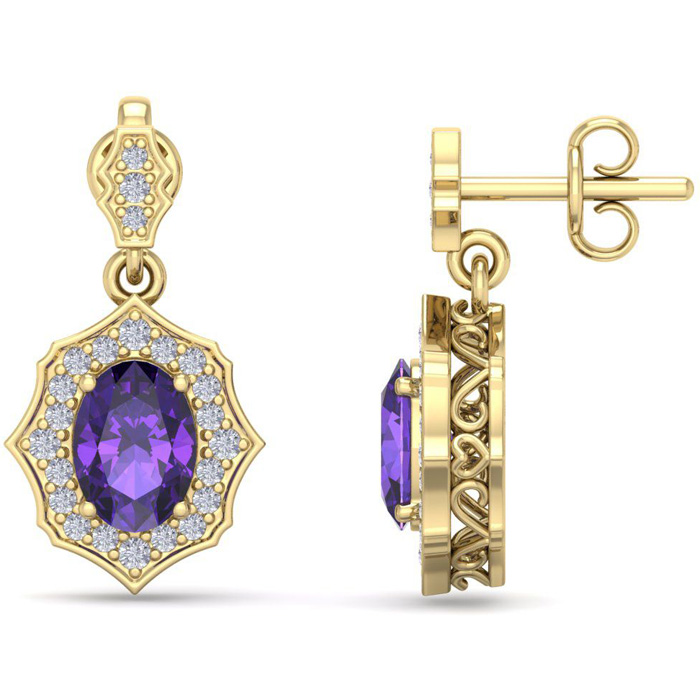 1 2/3 Carat Oval Shape Amethyst & Diamond Dangle Earrings in 14K Yellow Gold (2.80 g),  by SuperJeweler