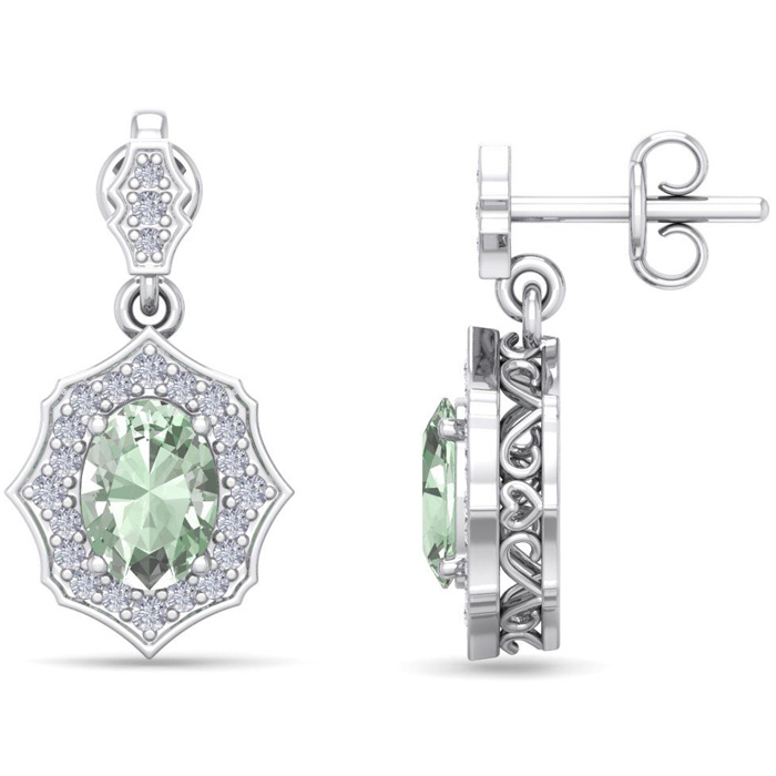 1 2/3 Carat Oval Shape Green Amethyst & Diamond Dangle Earrings In 14K White Gold (2.80 G), I/J By SuperJeweler