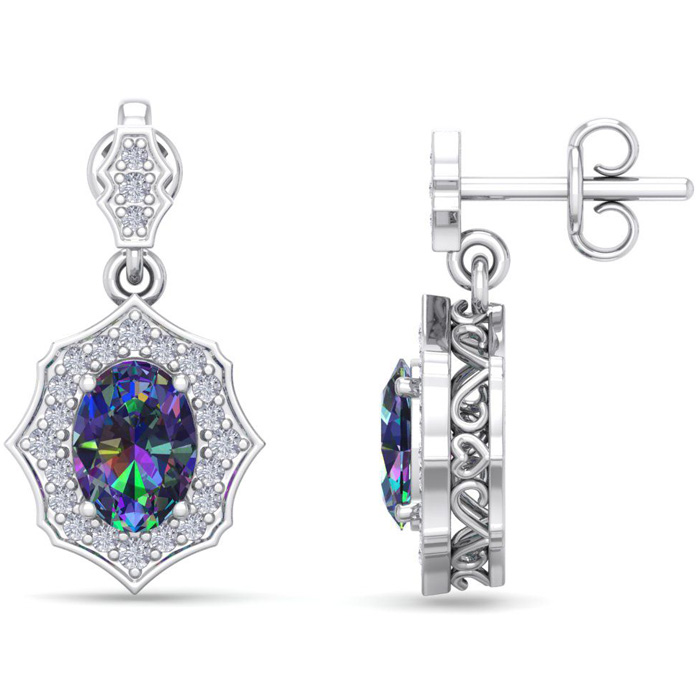 1 2/3 Carat Oval Shape Mystic Topaz & Diamond Dangle Earrings In 14K White Gold (2.80 G), I/J By SuperJeweler