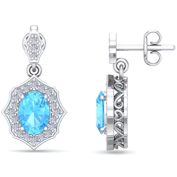 2 1/4 Carat Oval Shape Blue Topaz & Diamond Dangle Earrings In 14K White Gold (2.80 G), I/J By SuperJeweler