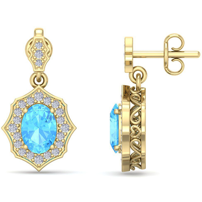 2 1/4 Carat Oval Shape Blue Topaz & Diamond Dangle Earrings in 14K Yellow Gold (2.80 g),  by SuperJeweler