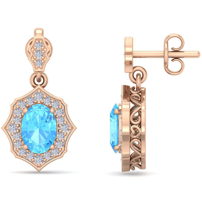 2 1/4 Carat Oval Shape Blue Topaz & Diamond Dangle Earrings in 14K Rose Gold (2.80 g),  by SuperJeweler