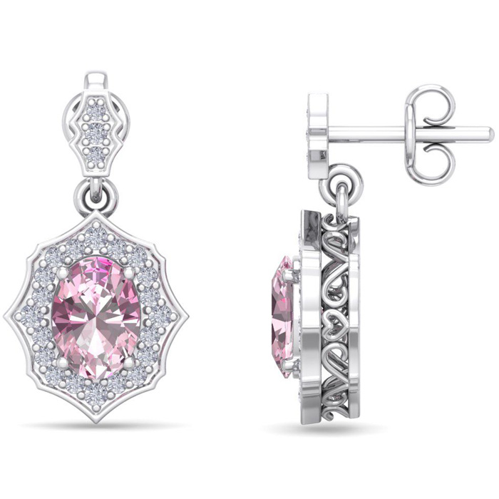 2 1/4 Carat Oval Shape Pink Topaz & Diamond Dangle Earrings in 14K White Gold (2.80 g),  by SuperJeweler