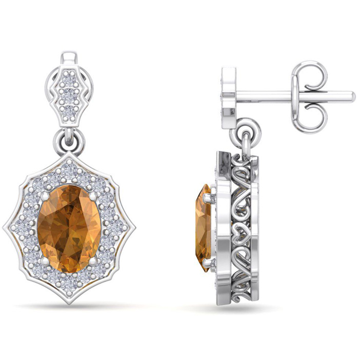 1 3/4 Carat Oval Shape Citrine & Diamond Dangle Earrings In 14K White Gold (2.80 G), I/J By SuperJeweler