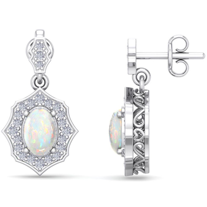 1-3/4 Carat Oval Shape Opal & Diamond Dangle Earrings In 14K White Gold (2.80 G) (J-K, I1-I2) By SuperJeweler