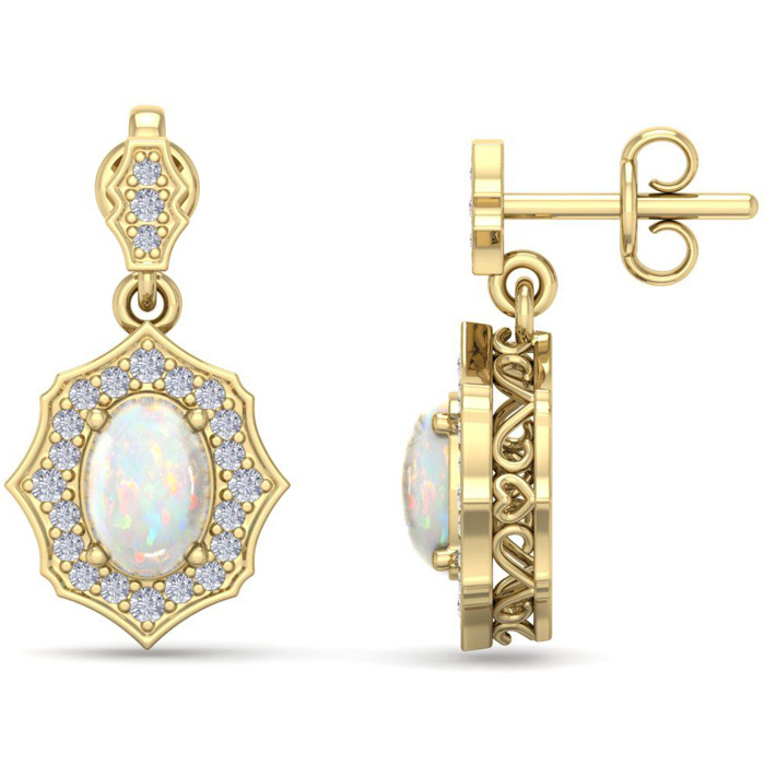 1 3/4 Carat Oval Shape Opal & Diamond Dangle Earrings in 14K Yellow Gold (2.80 g),  by SuperJeweler